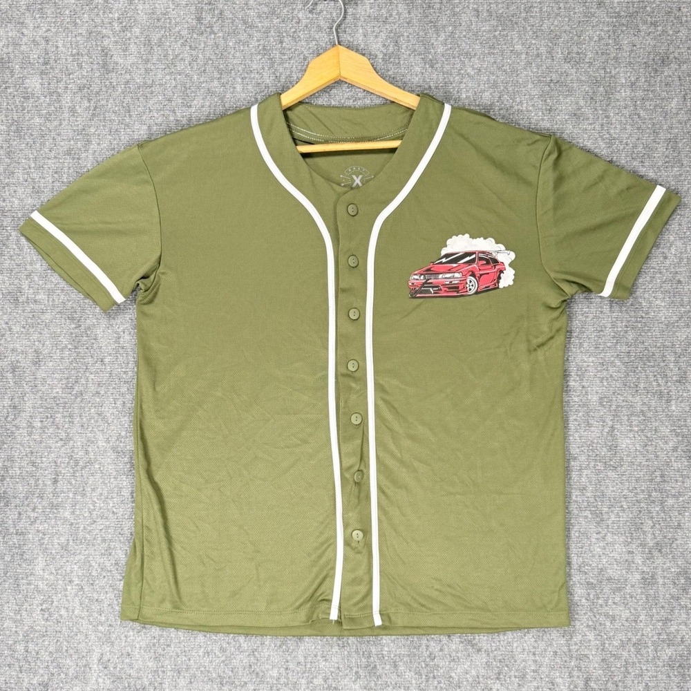 East X West Men's Large Tokyo JDM Car Culture Baseball Jersey Olive Streetwear